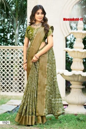 Meenakshi-11 Olive Green Georgette Saree with Bandhani Print & Golden Zari Border