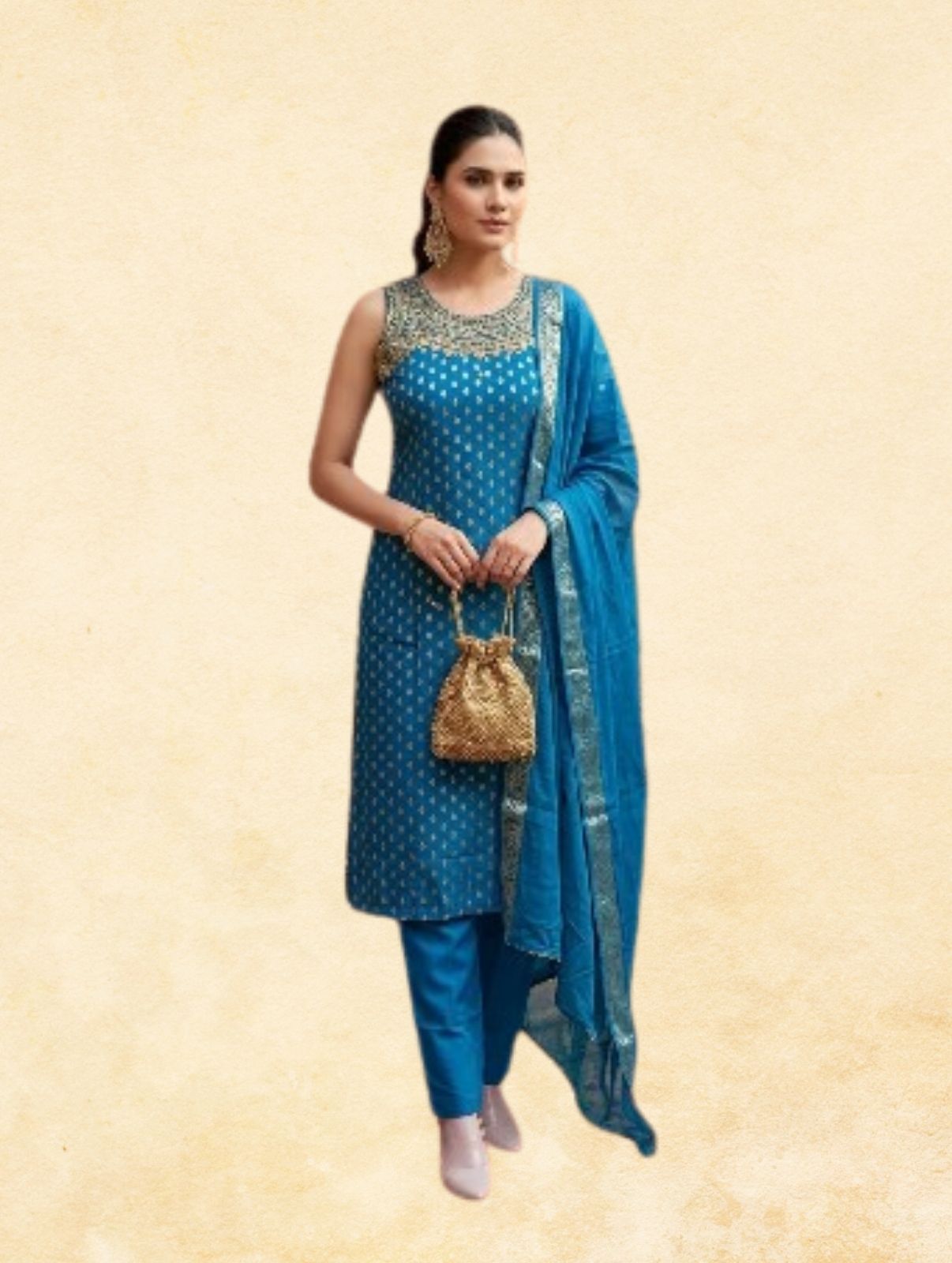 Teal Blue Cotton Jacquard 3-Piece Sleeveless Straight Kurta Set