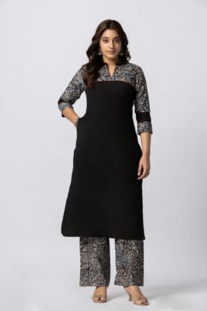 Black Cotton 2 Piece Kurta Set with Ajrakh Yoke & Matching Printed Palazzo Pant