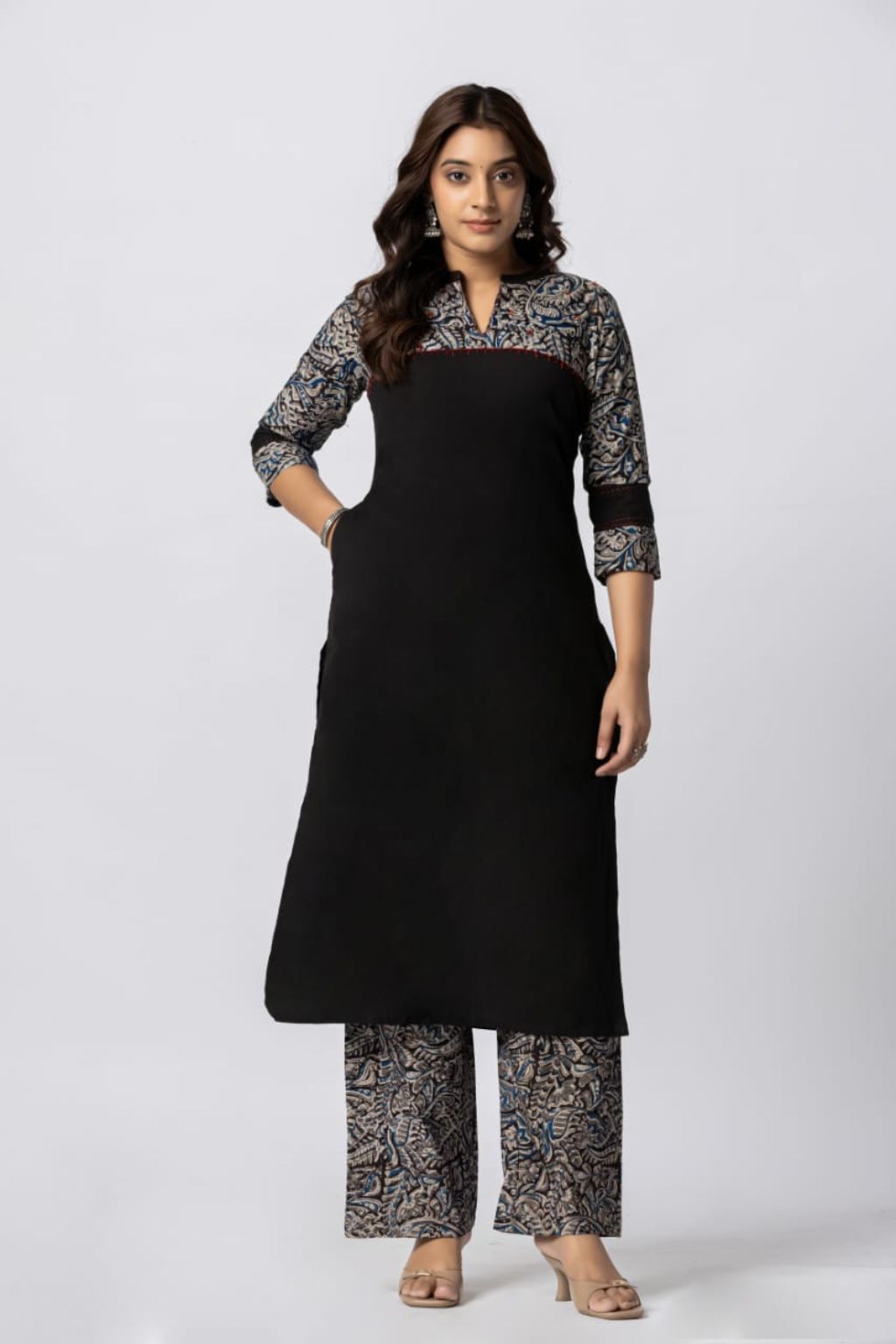 Black Cotton 2 Piece Kurta Set with Ajrakh Yoke & Matching Printed Palazzo Pant