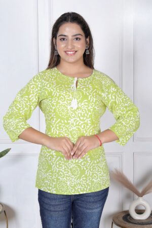 Lime Green Floral Jaal Block Print Cotton Short Kurti