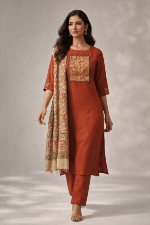 Burnt Orange Cotton 3 Piece Kurta Set with Kalamkari Yoke & Paisley Printed Dupatta