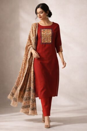 Rust Red Cotton 3 Piece Kurta Set with Kalamkari Yoke & Paisley Printed Dupatta