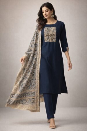 Navy Blue Cotton 3 Piece Kurta Set with Kalamkari Yoke & Printed Dupatta