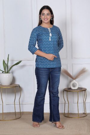 Steel Blue Small Floral Booti Block Print Cotton Short Kurti