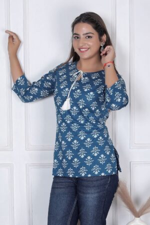 Peacock Blue Floral Mughal Booti Block Print Cotton Short Kurti