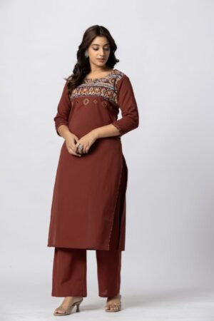 Brick Brown Cotton 2 Piece Kurta Set with Kalamkari Yoke