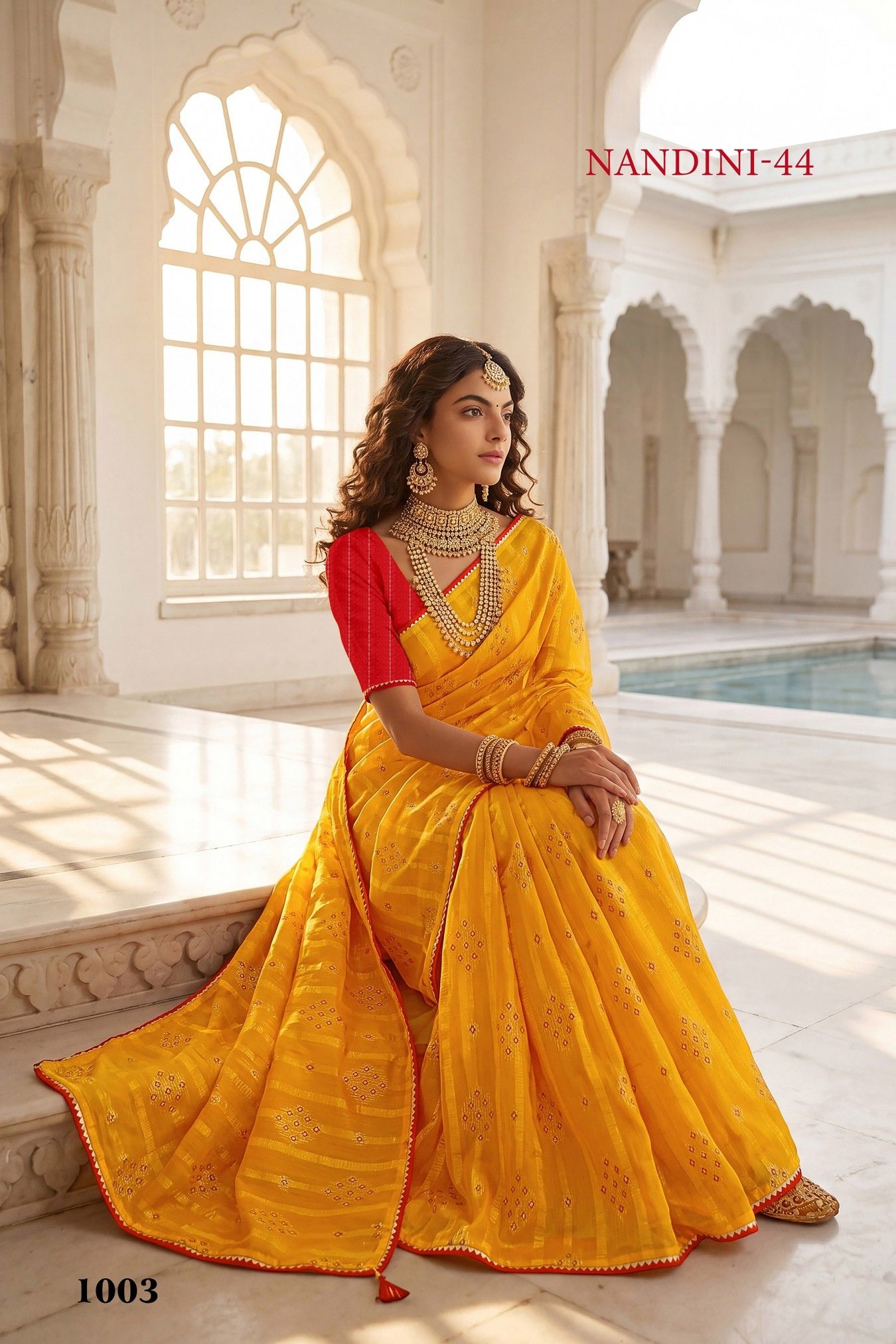 Nandini-44 Green Georgette Saree with Golden Diamond Buti & Red Lace Border - Image 3