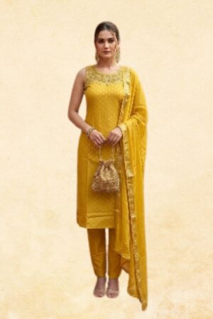Mustard Yellow Cotton Jacquard 3-Piece Sleeveless Straight Kurta Set