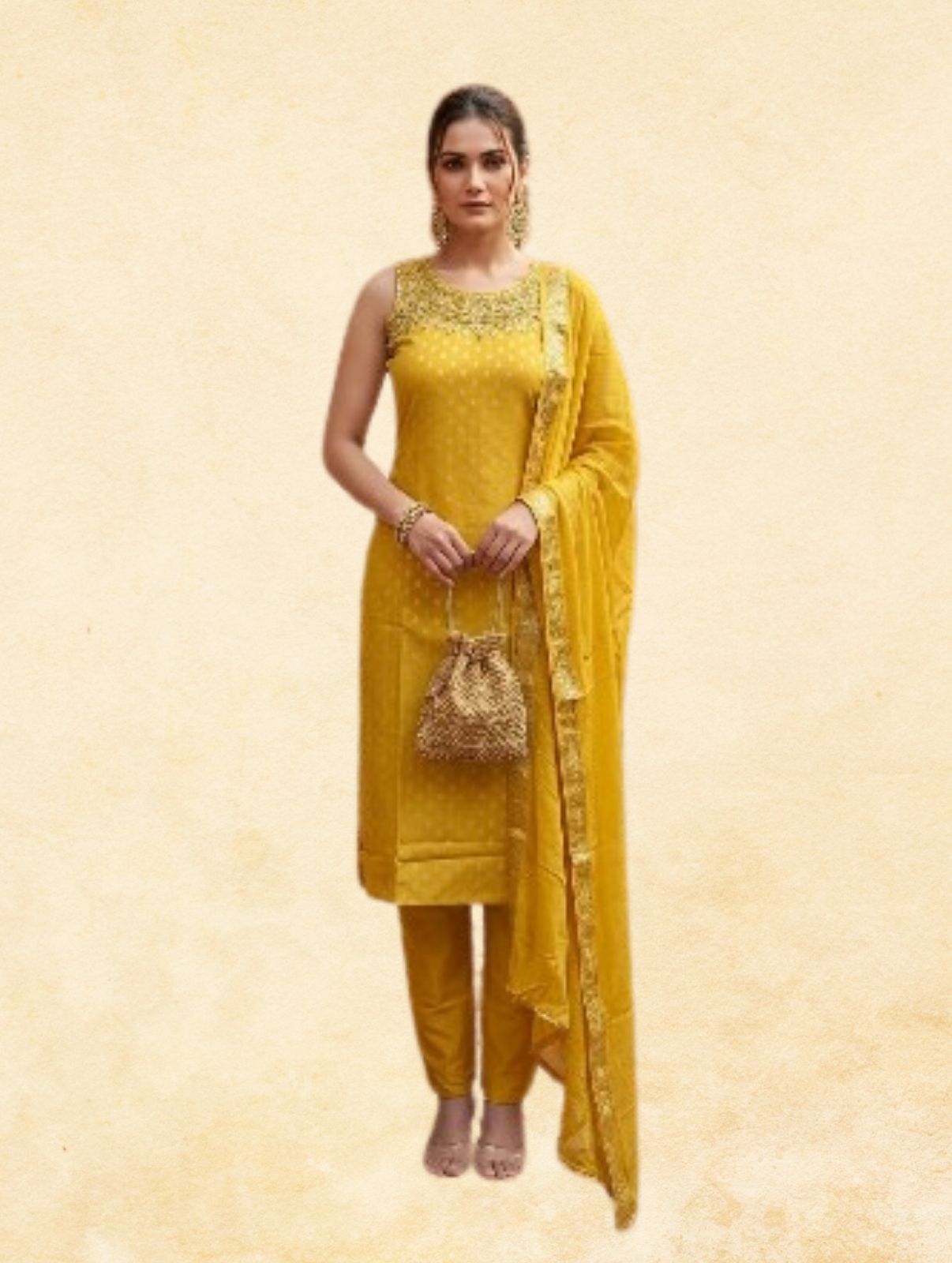 Mustard Yellow Cotton Jacquard 3-Piece Sleeveless Straight Kurta Set