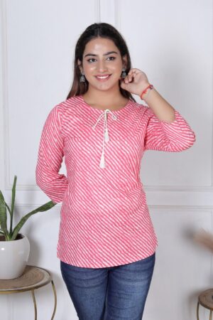 Coral Pink Leheriya Diagonal Stripe Block Print Cotton Short Kurti
