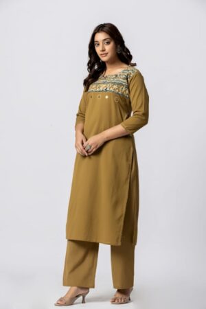 Olive Green Cotton 2 Piece Kurta Set with Kalamkari Yoke, Mirror Work & Straight Pant