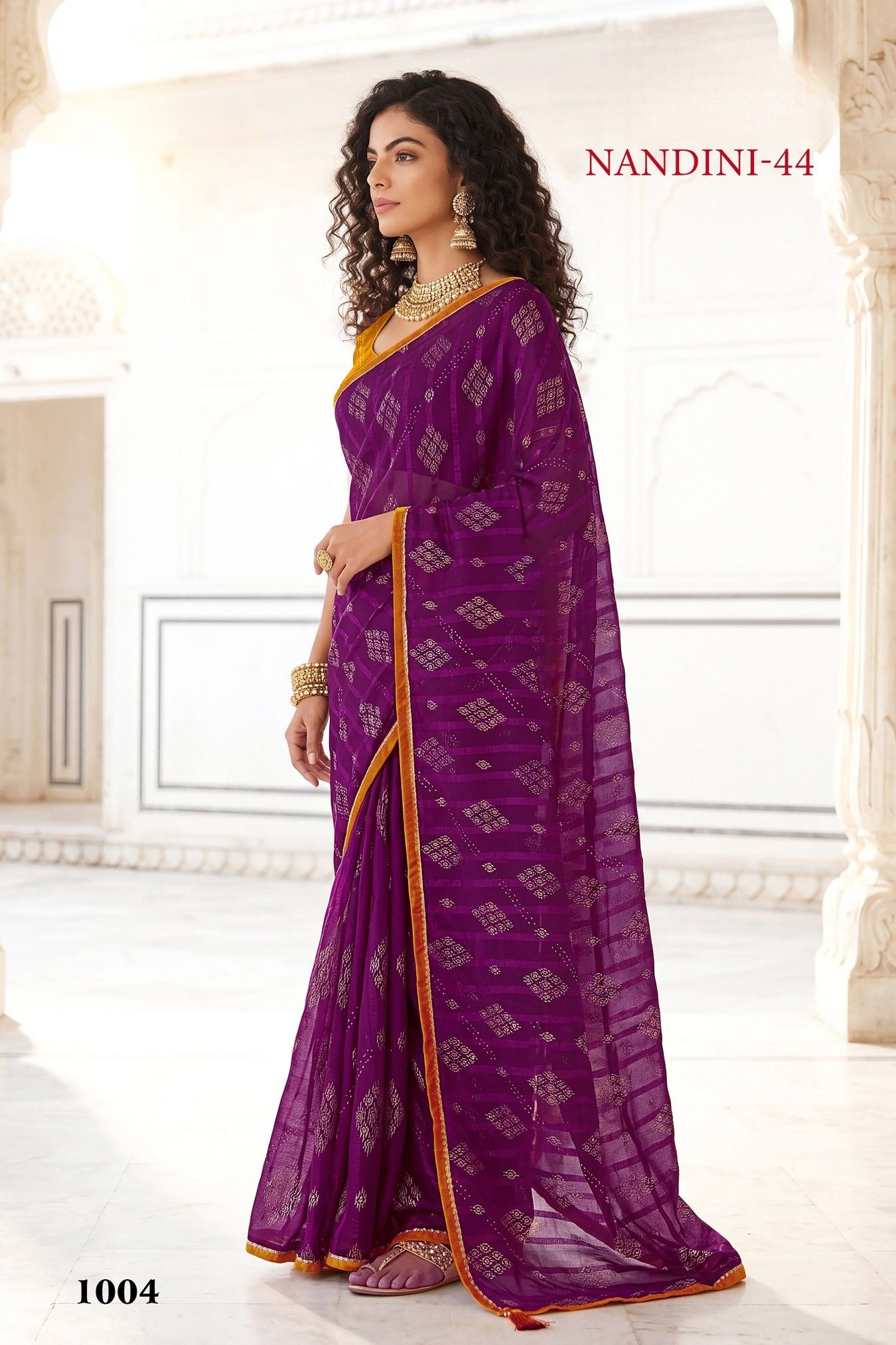 Nandini-44 Green Georgette Saree with Golden Diamond Buti & Red Lace Border - Image 4