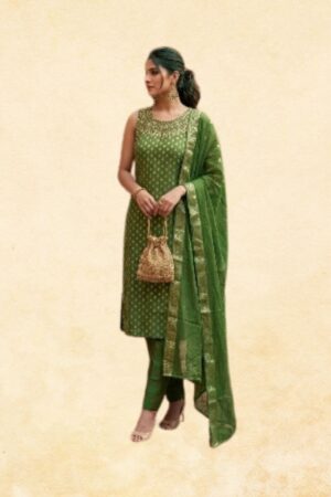Olive Green Cotton Jacquard 3-Piece Sleeveless Straight Kurta Set