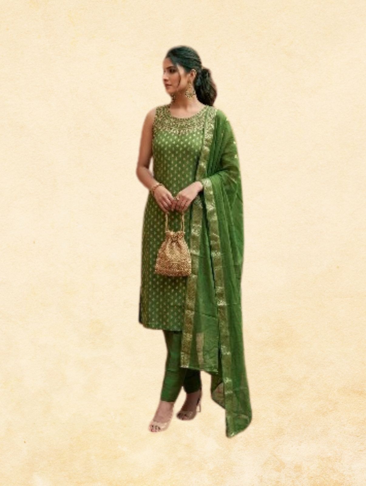 Olive Green Cotton Jacquard 3-Piece Sleeveless Straight Kurta Set