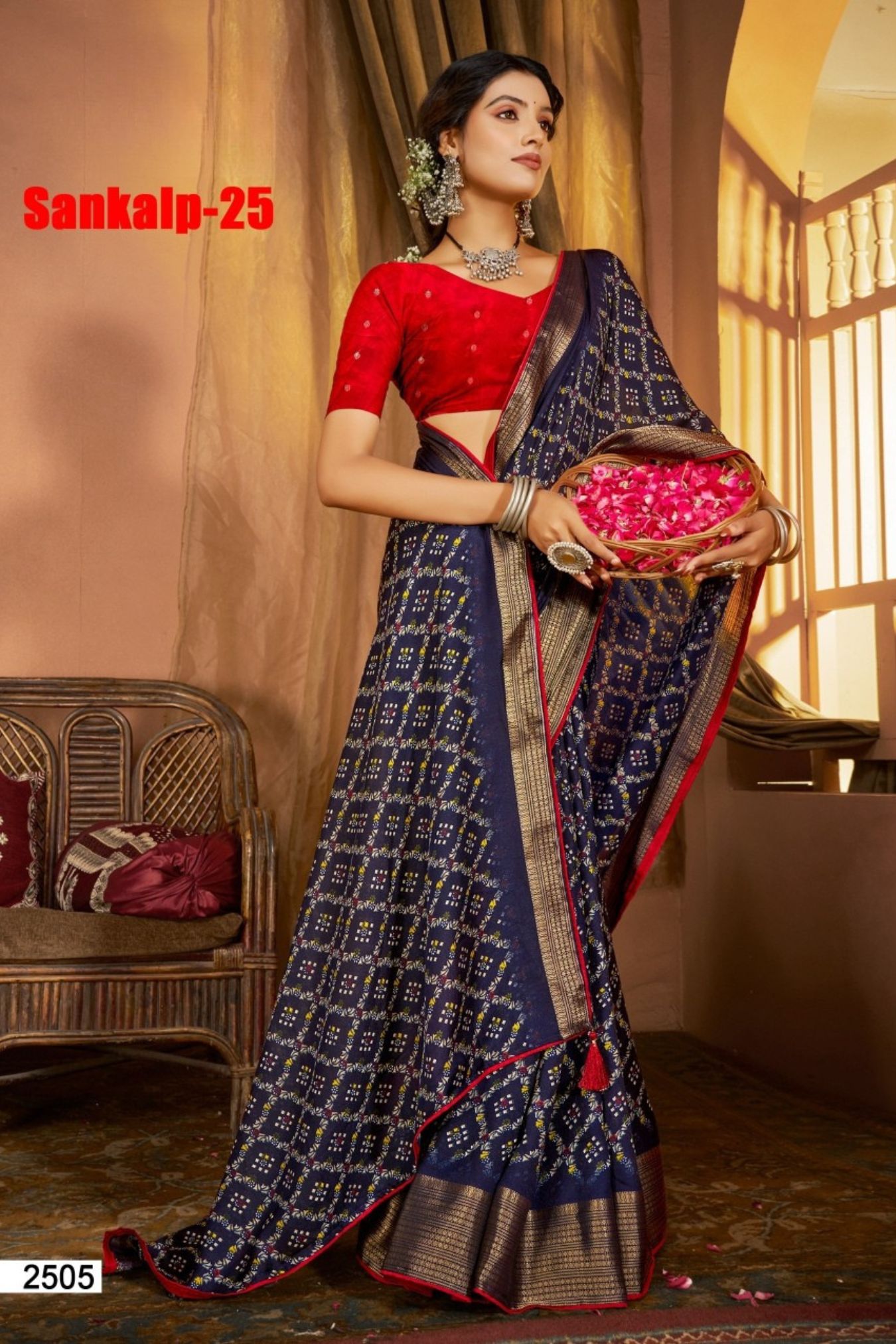 Sankalp-25 Navy Blue Georgette Saree with Floral Geometric Print & Golden Zari Border