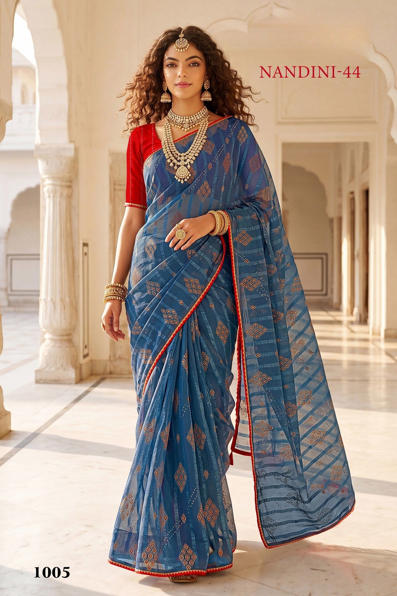 Nandini-44 Green Georgette Saree with Golden Diamond Buti & Red Lace Border - Image 5