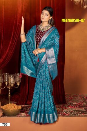 Meenakshi-07 Teal Blue Georgette Saree with Geometric Print & Silver Zari Border