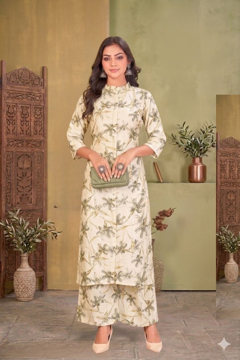 Ivory Palm 2-Piece Ready to Wear Set | Botanical Print Kurta & Palazzo Pant