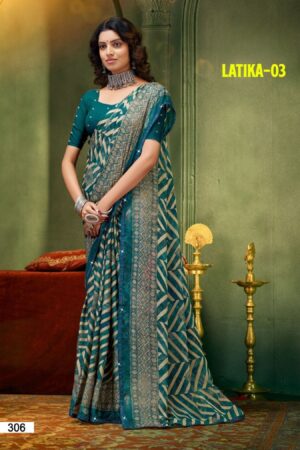 Latika-03  Teal Green Georgette Saree with Diagonal Stripe Print & Geometric Border
