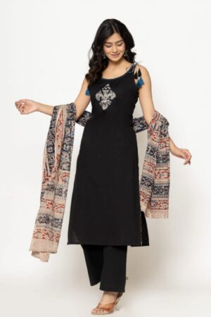 Black Cotton 3 Piece Sleeveless Kurta Set with Ajrakh Patch & Block Printed Dupatta