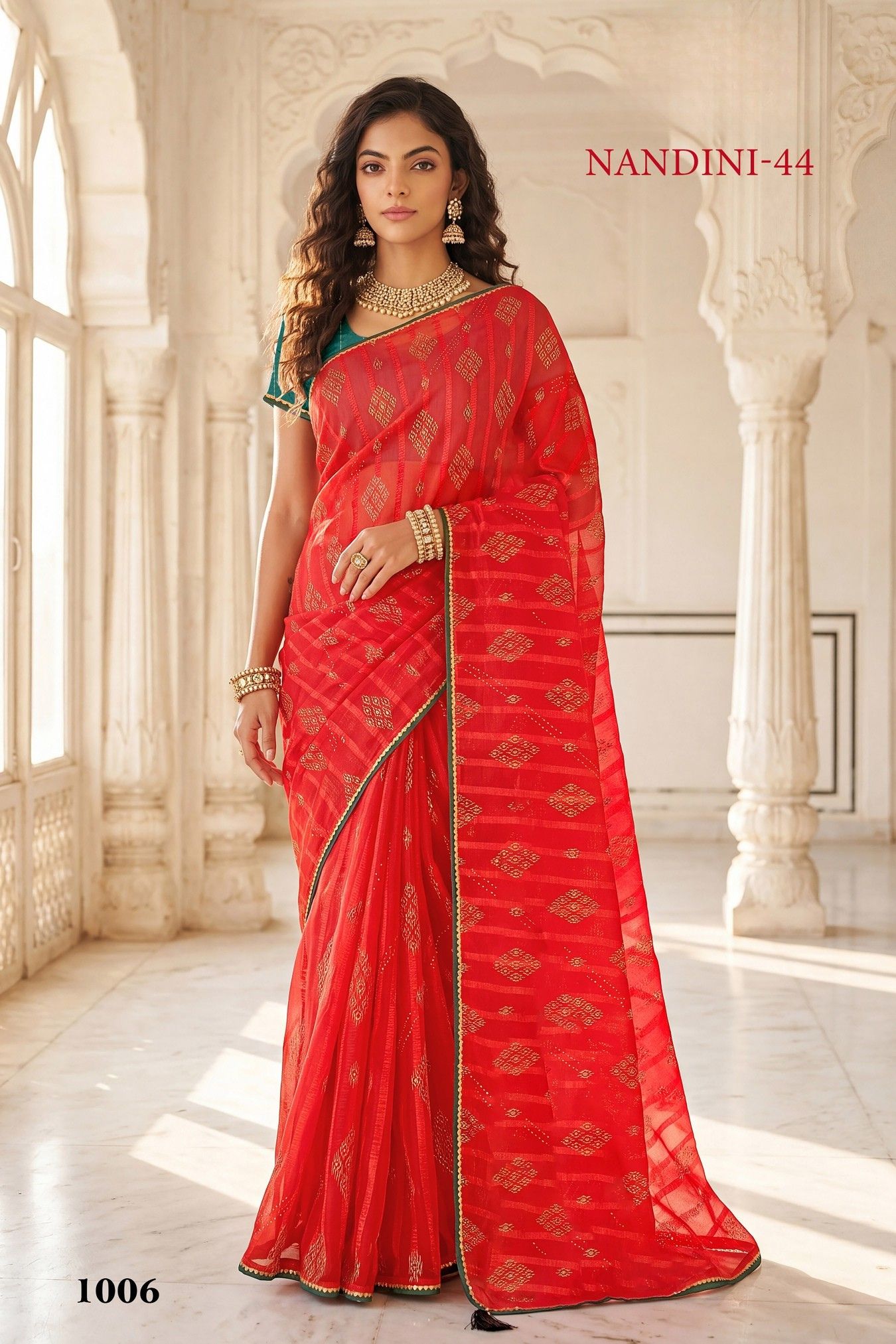 Nandini-44 Green Georgette Saree with Golden Diamond Buti & Red Lace Border - Image 6