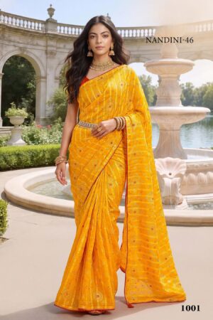 Nandini-46  Yellow Georgette Saree with Golden Embroidered Bootis & Red Lace Border