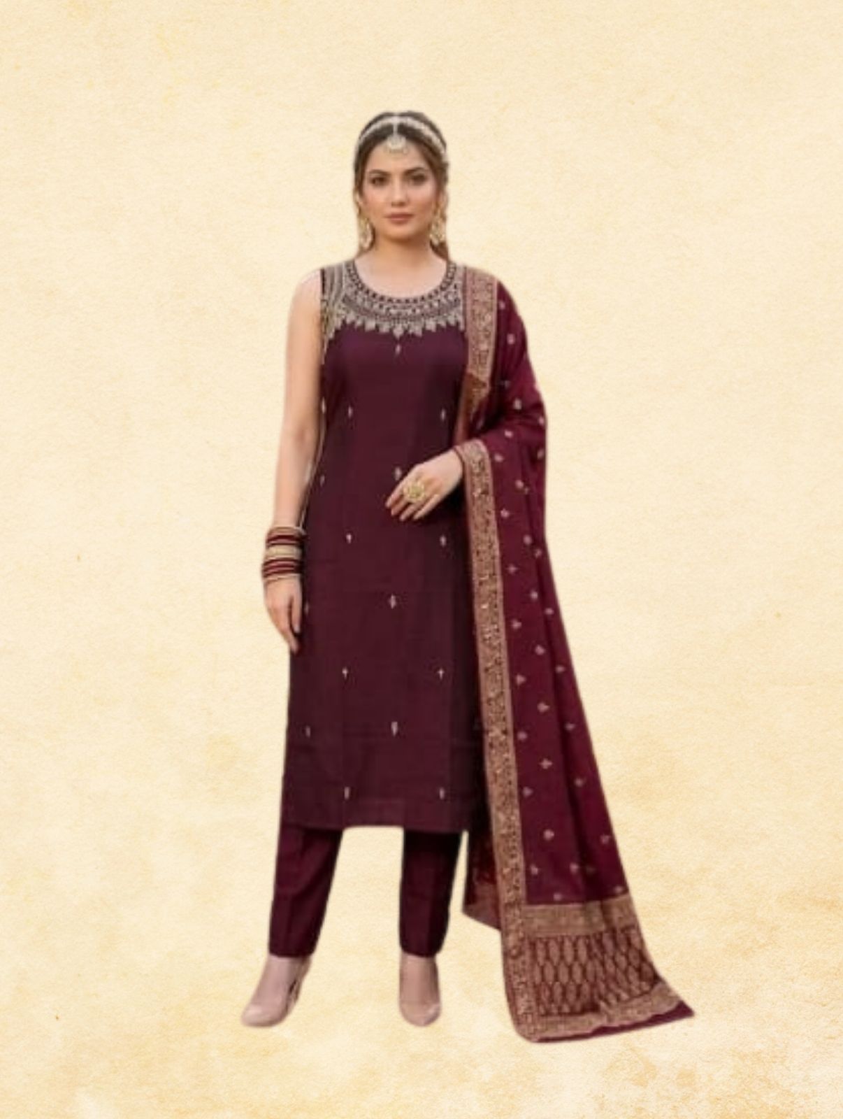 Wine Maroon Georgette 3-Piece Sleeveless Straight Kurta Set