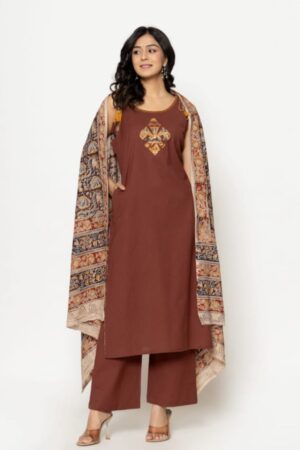 Chocolate Brown Cotton 3 Piece Sleeveless Kurta Set with Ajrakh Patch & Kalamkari Dupatta