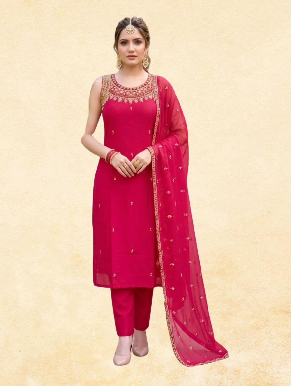 Crimson Pink Georgette 3-Piece Sleeveless Straight Kurta Set