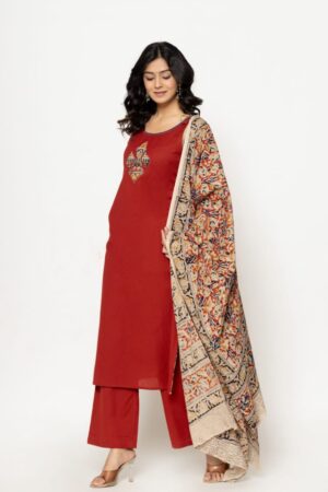 Red Cotton 3 Piece Sleeveless Kurta Set with Ajrakh Motif Patch & Kalamkari Printed Dupatta