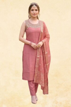 Dusty Rose Pink Cotton Jacquard 3-Piece Sleeveless Straight Kurta Set