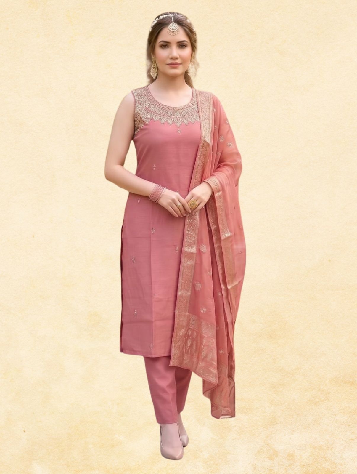 Dusty Rose Pink Cotton Jacquard 3-Piece Sleeveless Straight Kurta Set
