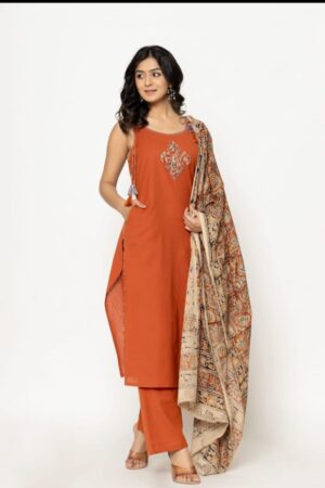 Rust Orange Cotton 3 Piece Sleeveless Kurta Set with Ajrakh Diamond Patch & Kalamkari Dupatta