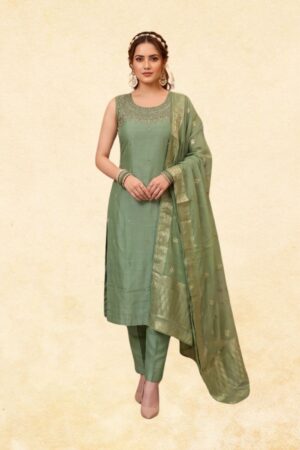 Sage Green Cotton Jacquard 3-Piece Sleeveless Straight Kurta Set