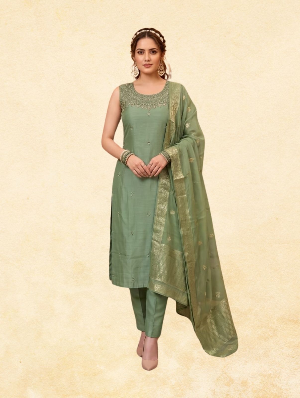Sage Green Cotton Jacquard 3-Piece Sleeveless Straight Kurta Set
