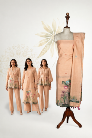 Jamdani Peach Floral Embroidered Unstitched Dress Material with Matching Dupatta