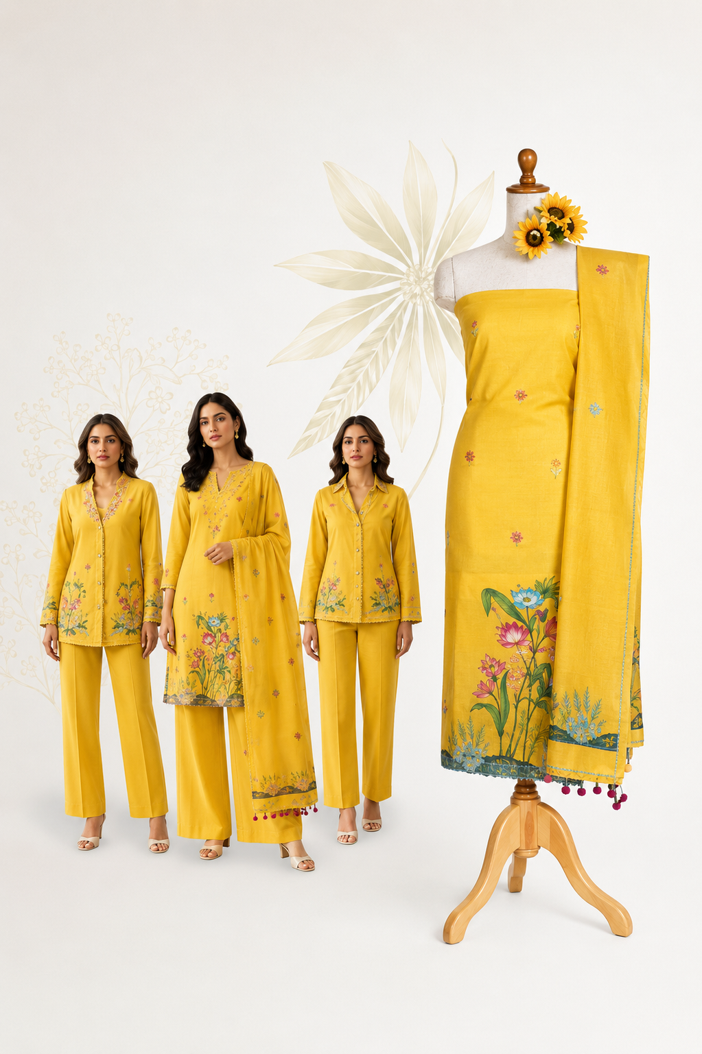 Jamdani Sunshine Yellow Floral Embroidered Unstitched Dress Material with Designer Dupatta
