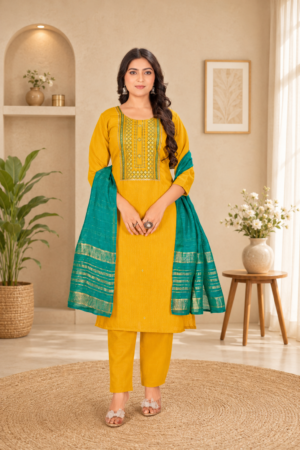 Mustard Yellow Roman Silk 3-Piece Straight Kurta Set