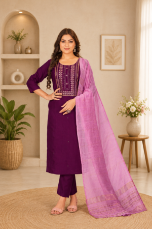 Plum Purple Roman Silk 3-Piece Straight Kurta Set
