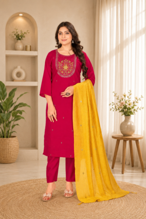 Magenta Pink Roman Silk 3-Piece Straight Kurta Set
