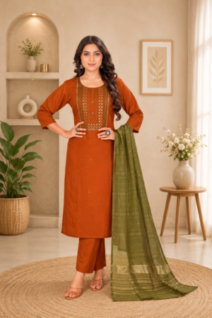 Rust Orange Roman Silk 3-Piece Straight Kurta Set