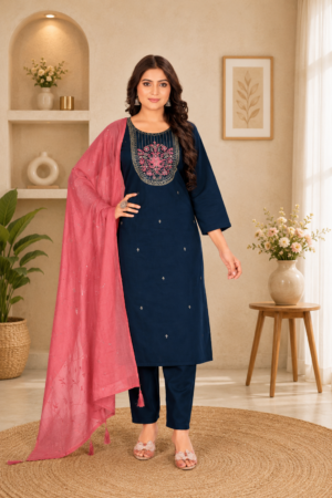 Navy Blue Roman Silk 3-Piece Straight Kurta Set