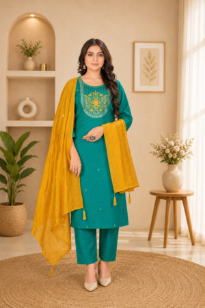 Teal Green Roman Silk 3-Piece Straight Kurta Set