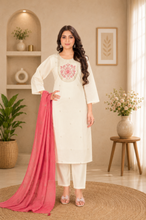 Off-White Roman Silk 3-Piece Straight Kurta Set