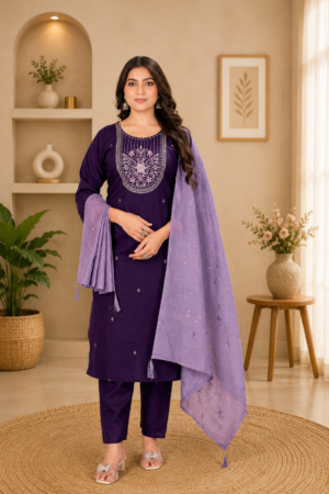Purple Roman Silk 3-Piece Straight Kurta Set with Silver Pearl Drop Embroidered