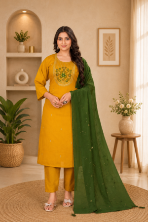Mustard Yellow Roman Silk 3-Piece Straight Kurta Set