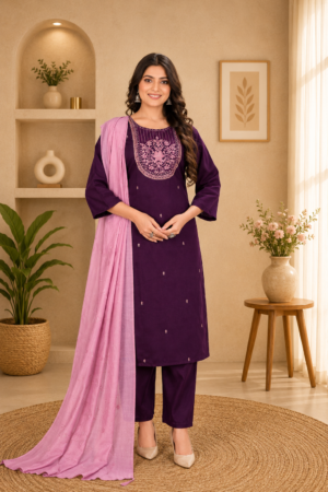 Deep Purple Roman Silk 3-Piece Straight Kurta Set