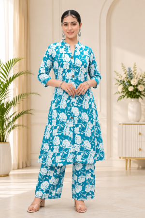 Teal Blue Rayon 2-Piece Ready to Wear Set with White Floral Print