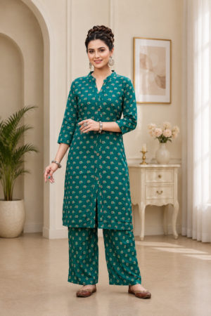 Teal Green Rayon 2-Piece Ready to Wear Set with Floral Booti Print
